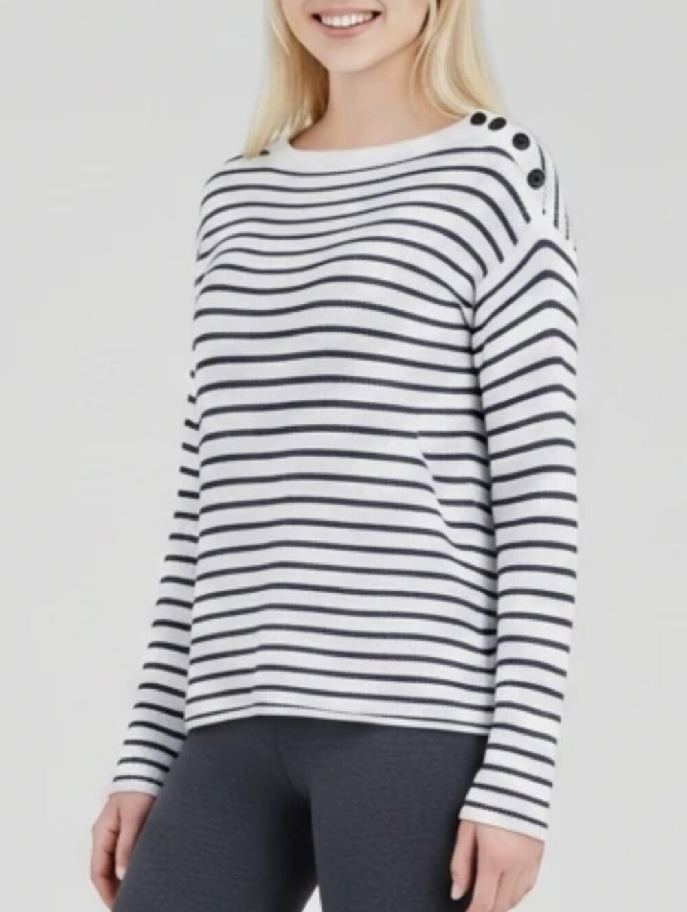 ATM Striped Boatneck 100% Merino Wool Sweater Shoulder Buttons Off White/Black